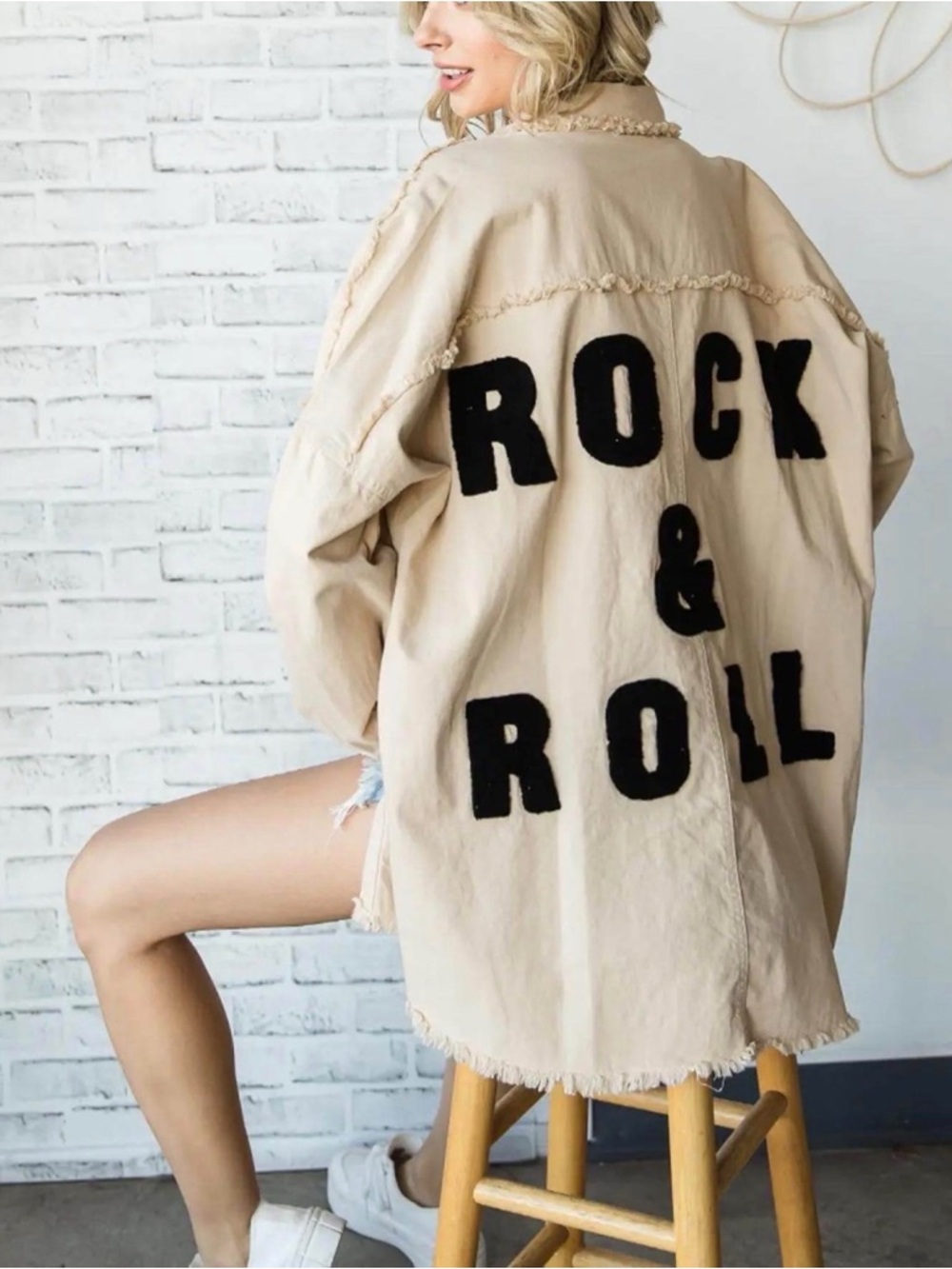 Beige Utility Jacket with Bold Black 'Rock & Roll' Back